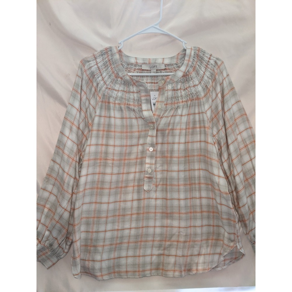 Loft Women's Plaid Smocked Henley Blouse Size Small